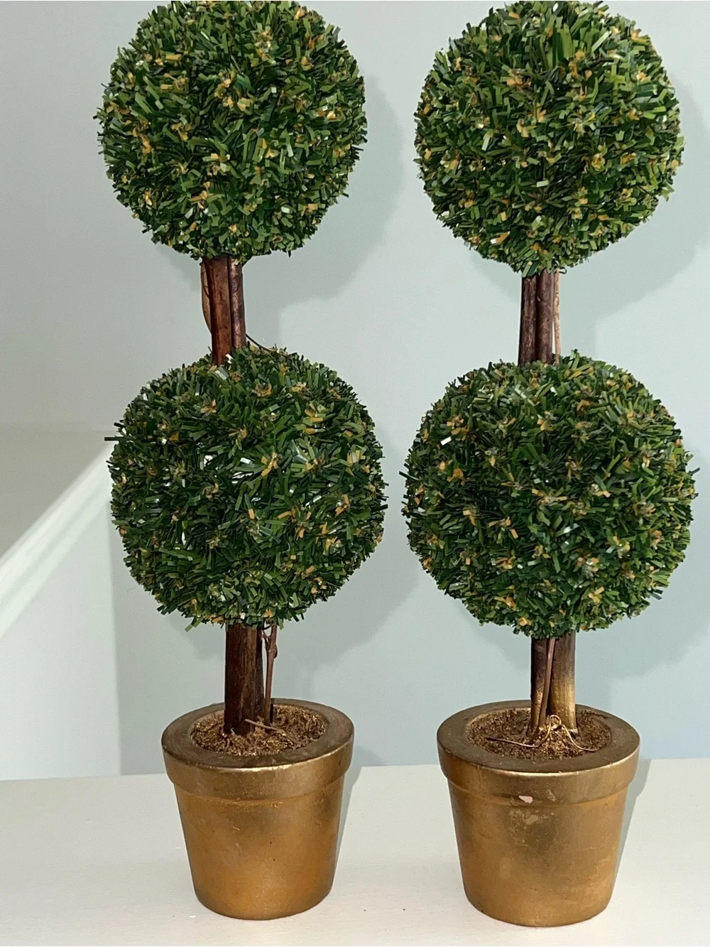 Set of 2 Artificial Double Ball Topiary Trees in Gold Pots – 12” Tall